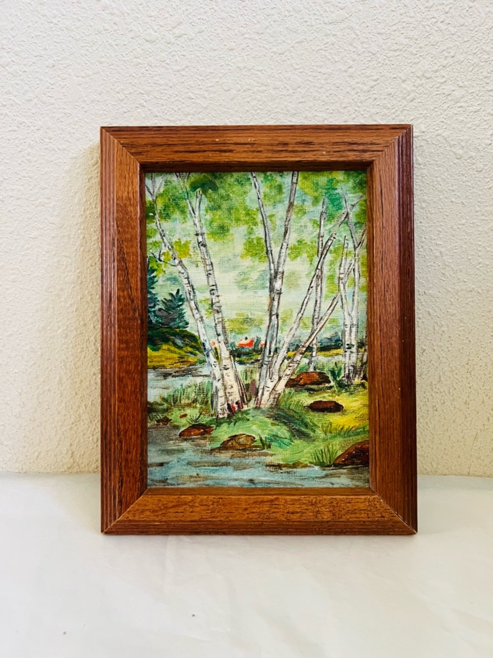 Vintage Birch Tree Landscape Watercolor Painting Realism Framed Art Small